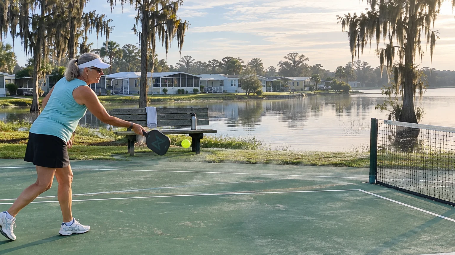 A woman in a sun visor plays pickleball on an outdoor court beside a scenic lake lined with houses and cypress trees.