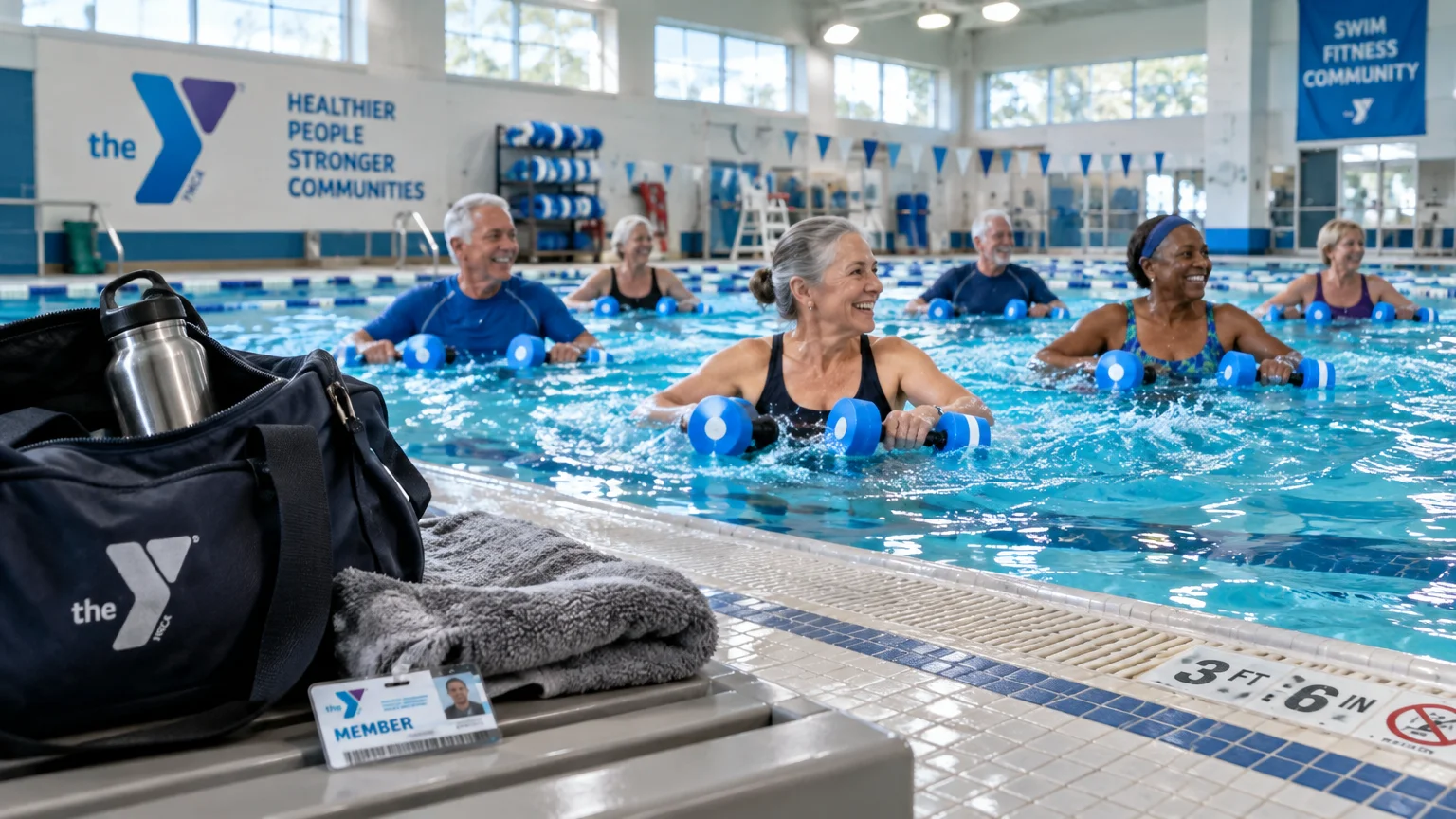 Older adults exercising with water dumbbells during an aqua aerobics class in an indoor YMCA swimming pool.