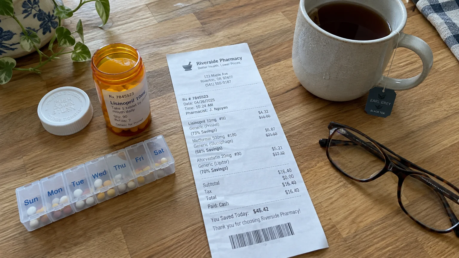 Pharmacy receipt next to an open pill bottle, a weekly pill organizer, glasses, and a mug of tea on a wooden table.