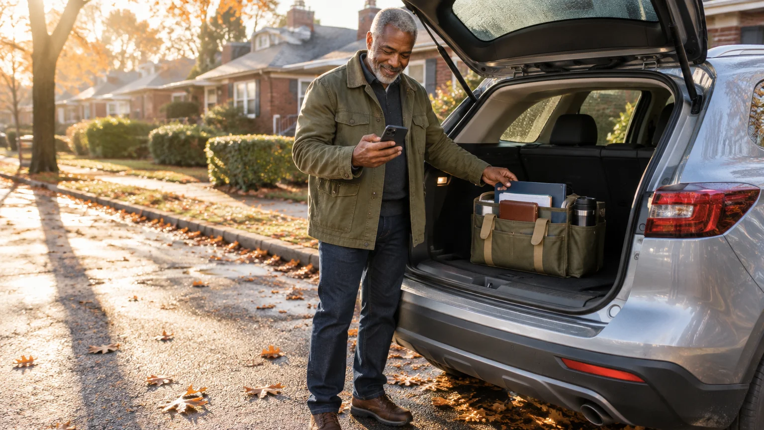 A smiling older man checks his phone beside an organizer bag packed in the open trunk of his car on a residential street.
