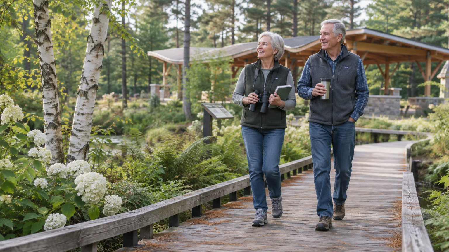 Older couple walking along a wooden boardwalk in a forested park with a pavilion and white flowers nearby.