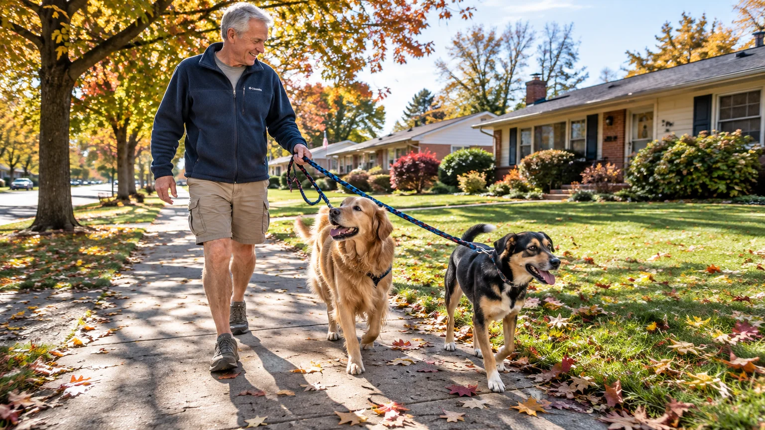 Older man walking two dogs on leashes along a sunny suburban sidewalk scattered with autumn leaves.