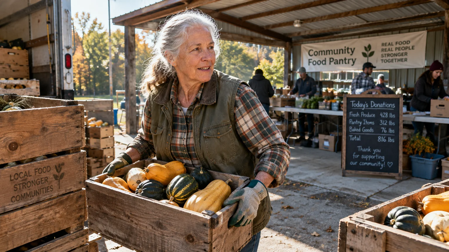 Older woman carrying a wooden crate of squash at an outdoor community food pantry donation station.