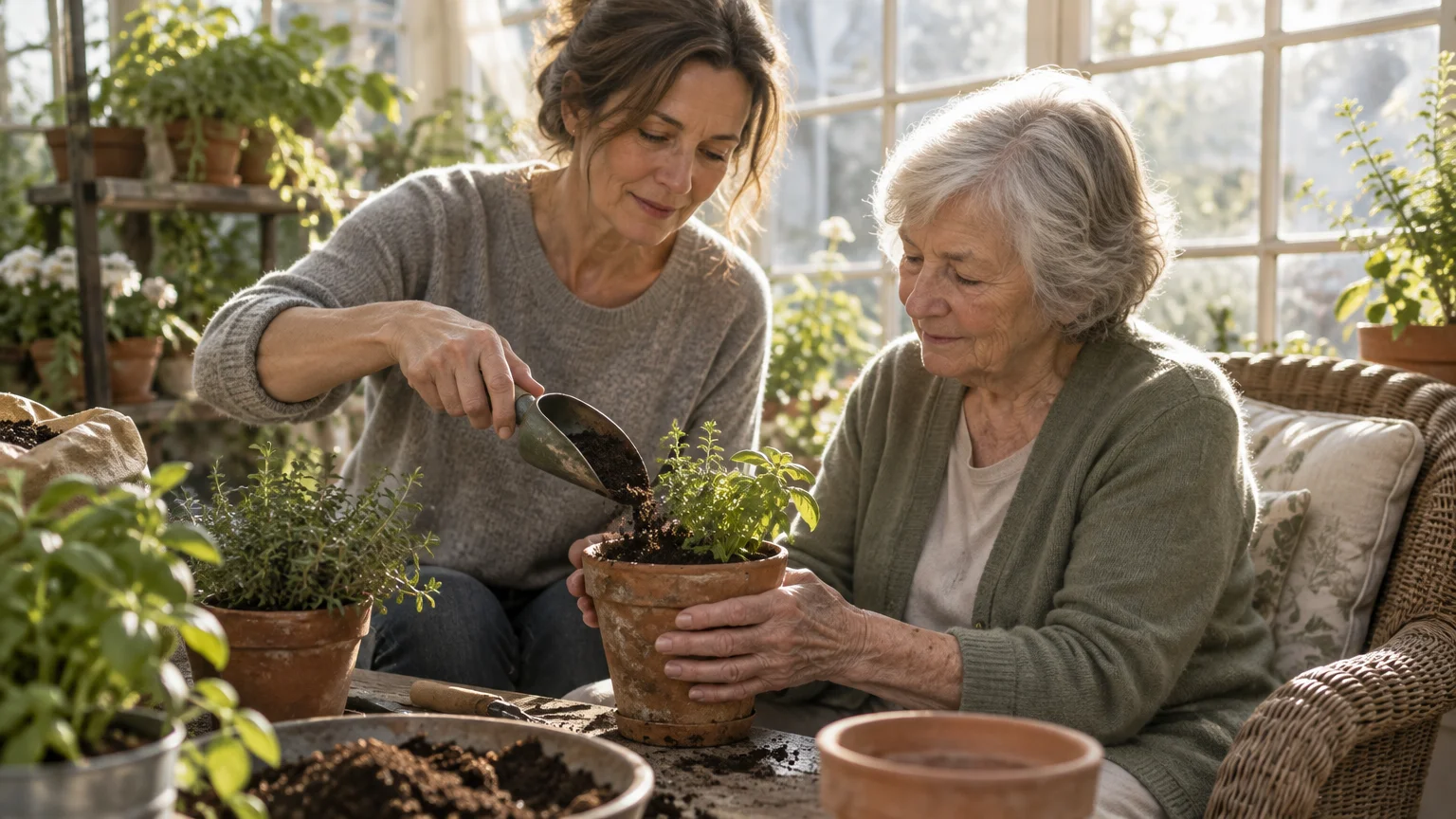 A woman scoops soil into a potted plant held by an elderly woman in a sunny greenhouse room.