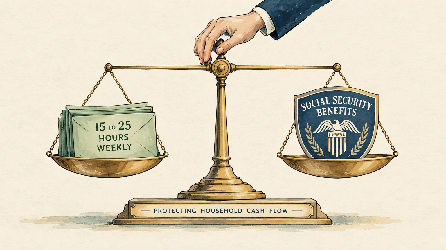 A hand holds a brass scale balancing envelopes marked 15 to 25 hours weekly against a Social Security shield.