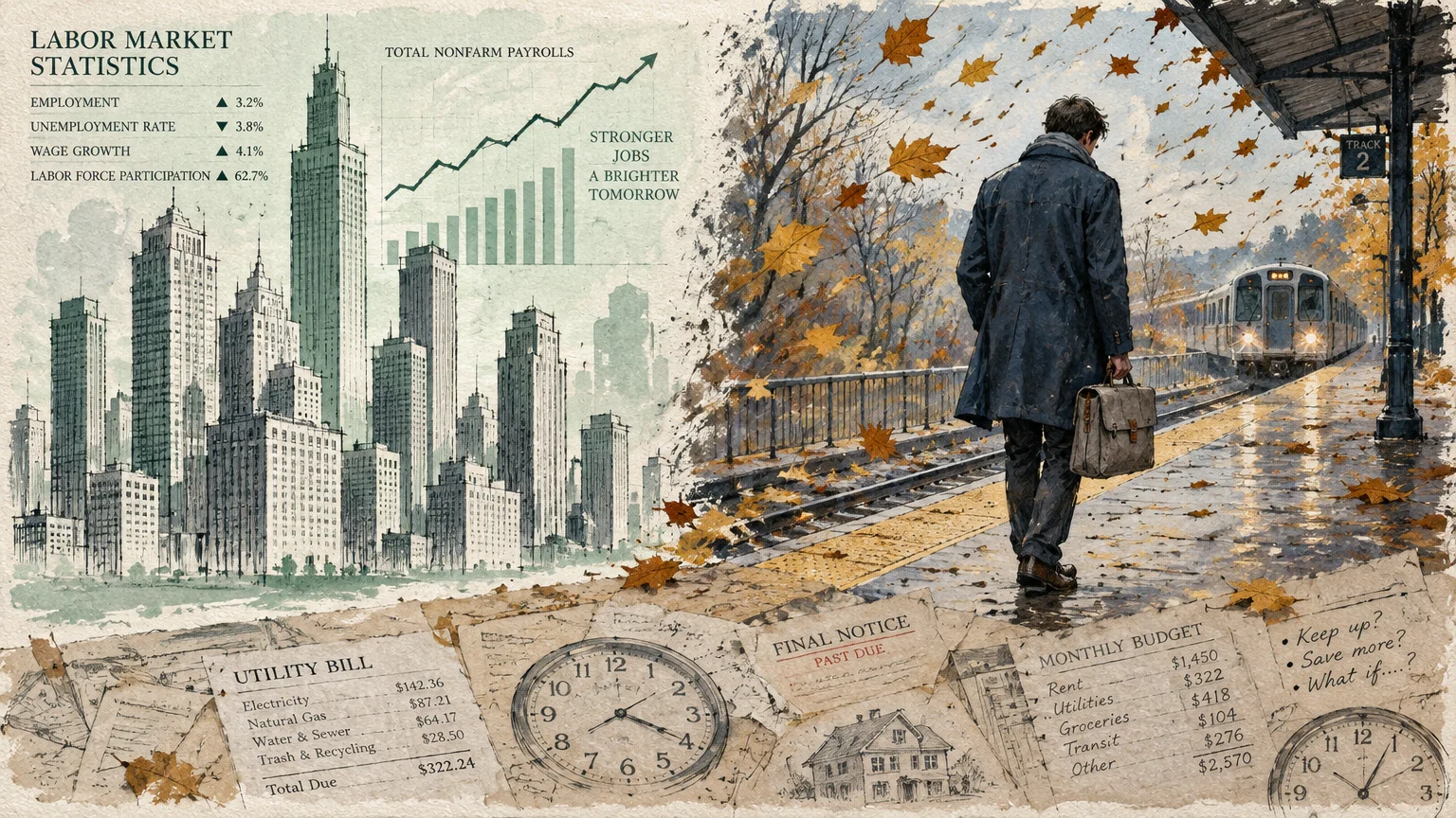Illustration split between a city with economic charts and a commuter on an autumn train platform over household bills.