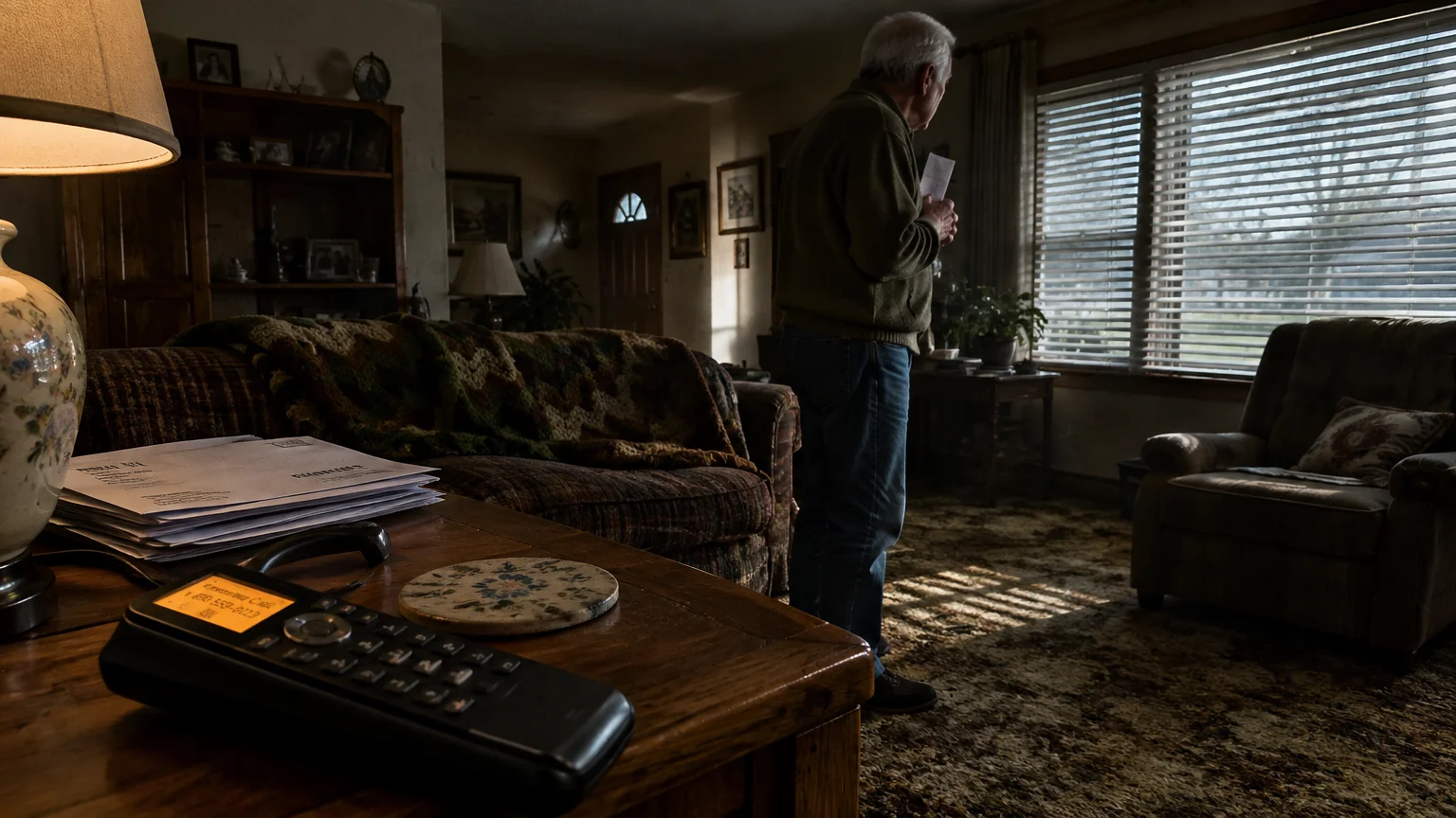A cordless landline phone and mail on a wooden table before an older man standing by a window with a letter.