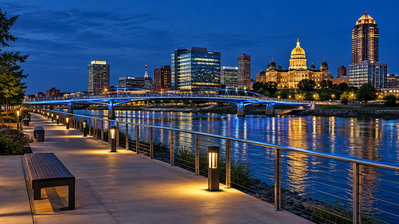 Waterfront promenade and blue illuminated bridge facing the Des Moines skyline and illuminated Capitol dome at dusk.