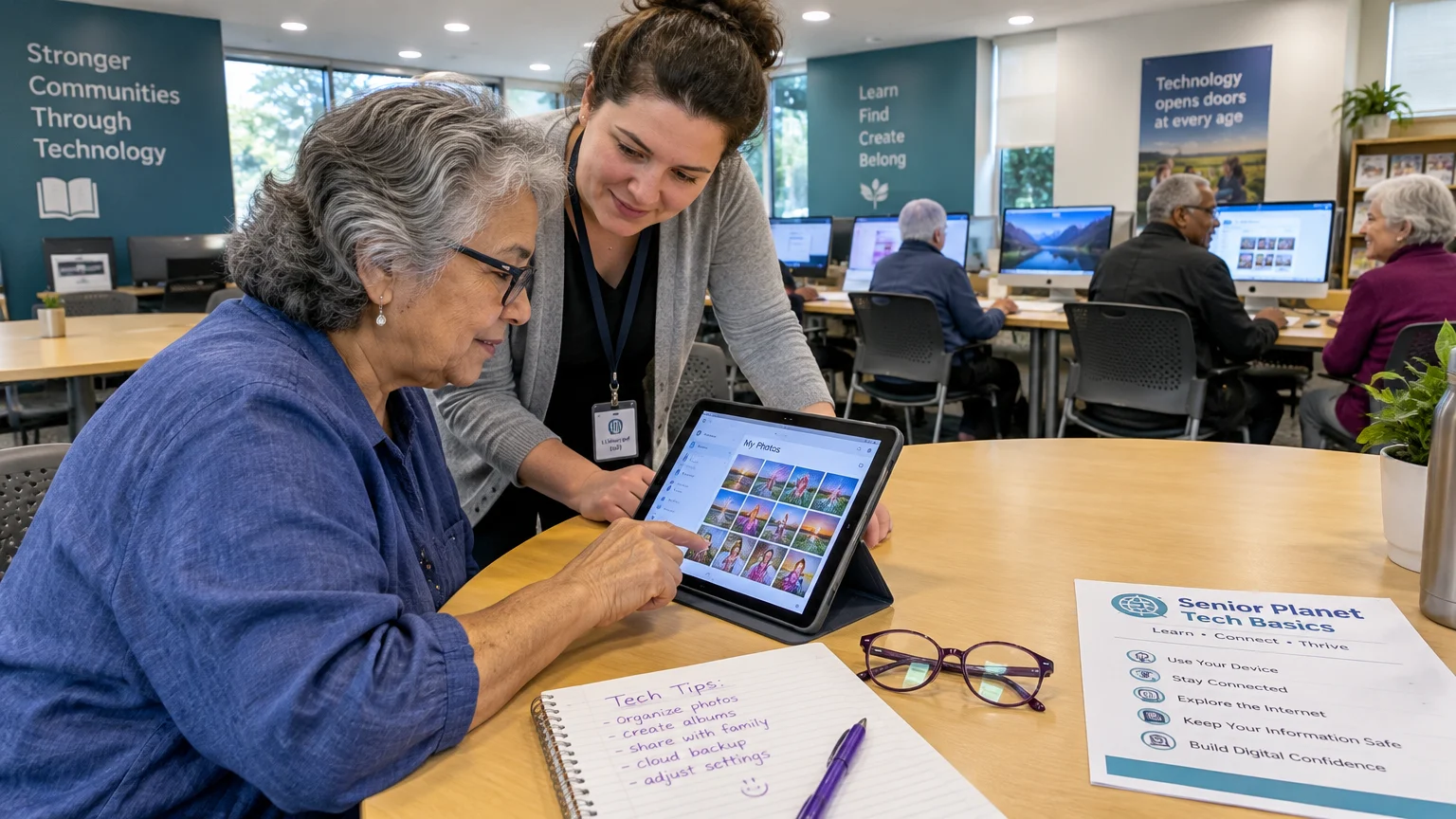 An instructor guides an older woman using a tablet at a table in a computer lab with other seniors working.