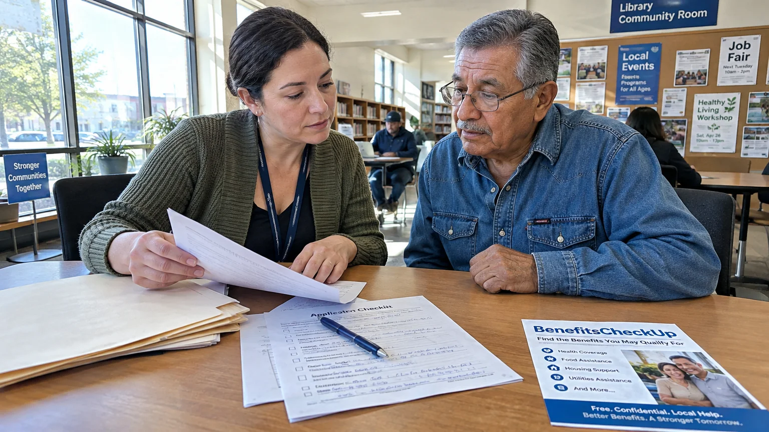 A woman reviews paperwork with an older man sitting at a table beside a BenefitsCheckUp flyer in a library.