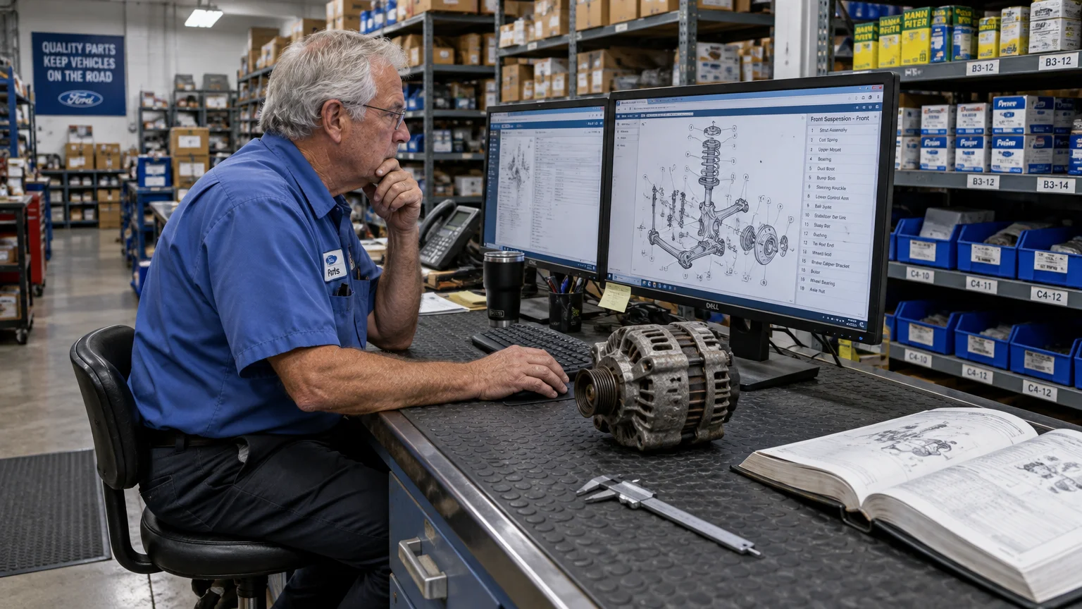 Senior man sitting at a desk with an alternator, studying suspension schematics on a computer monitor in an auto parts room.
