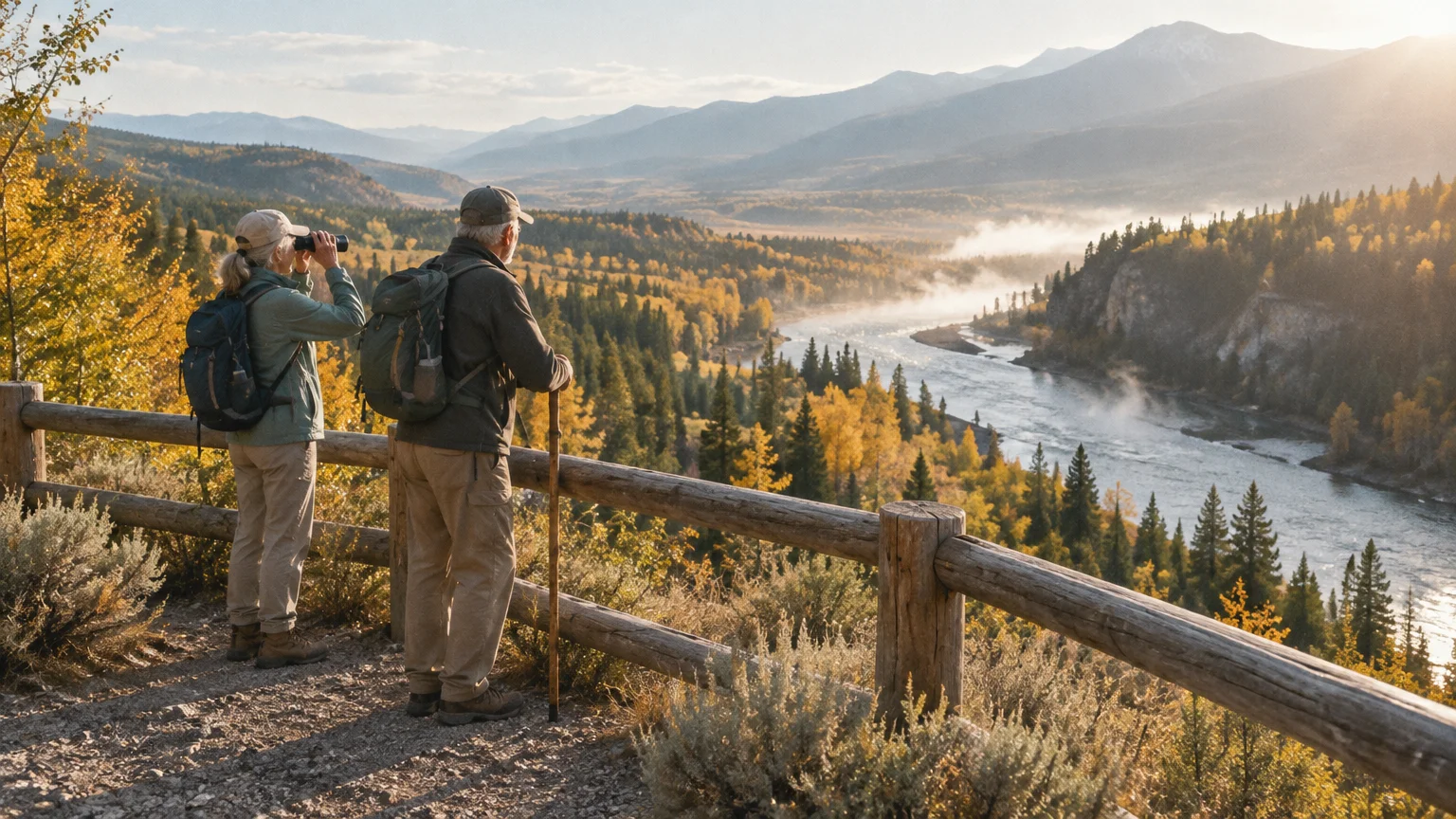 Older couple with backpacks standing at a wooden fence, looking out over a river valley and autumn forest.