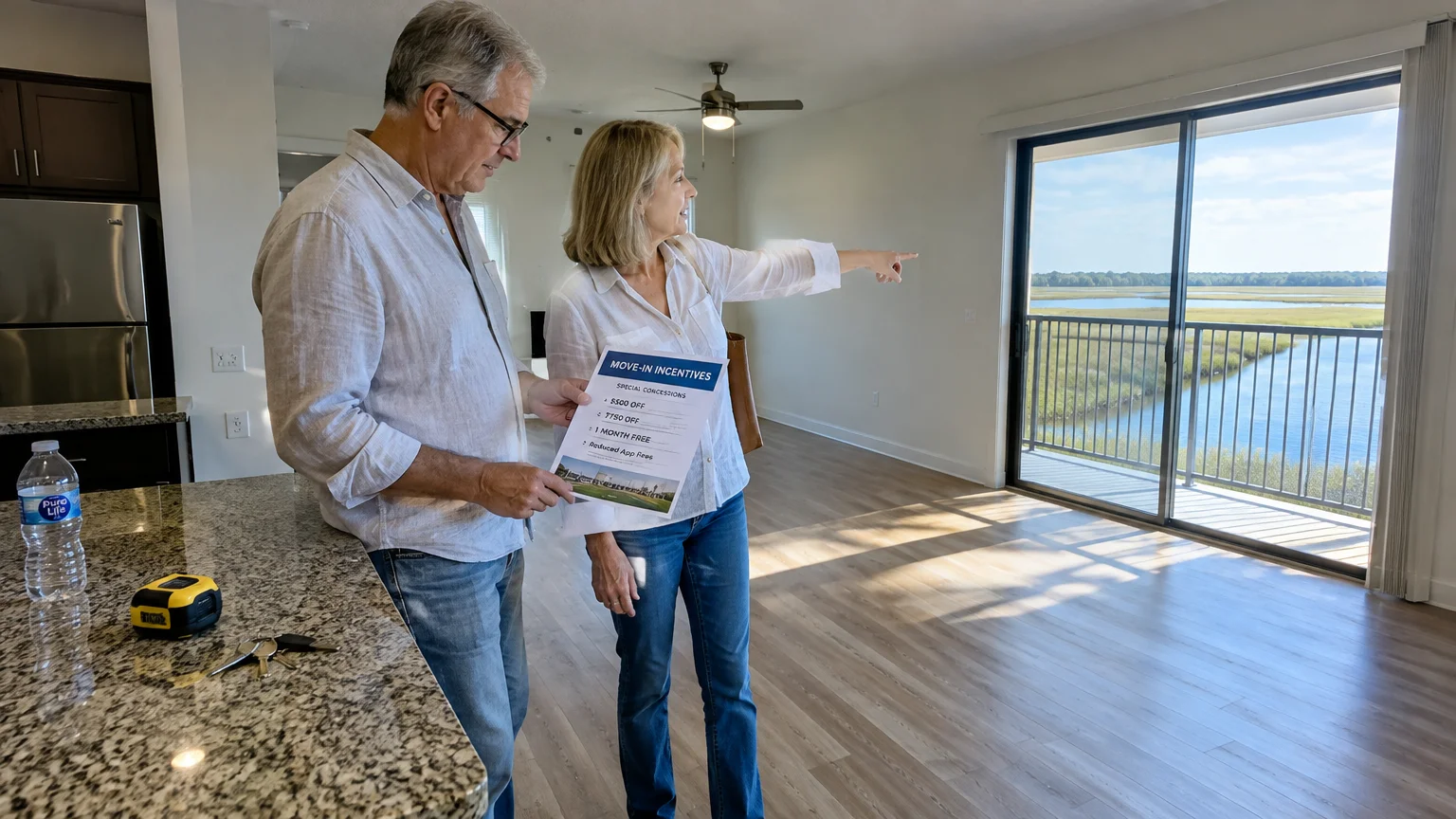 A mature couple holding a flyer looks out sliding glass doors at a marsh waterway from an unfurnished apartment.