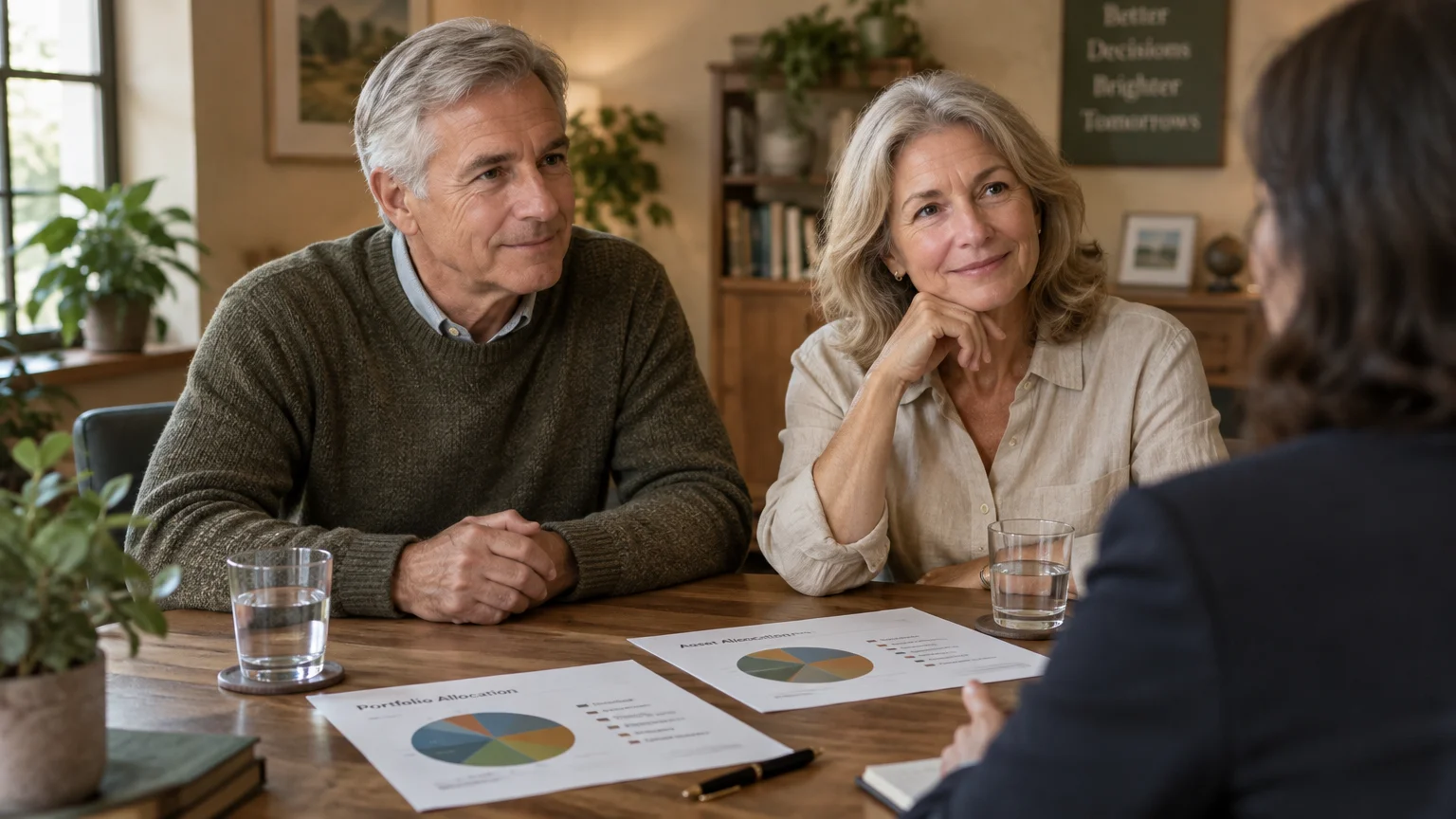 A mature couple sits across a wooden table from an advisor, looking at portfolio allocation pie charts.