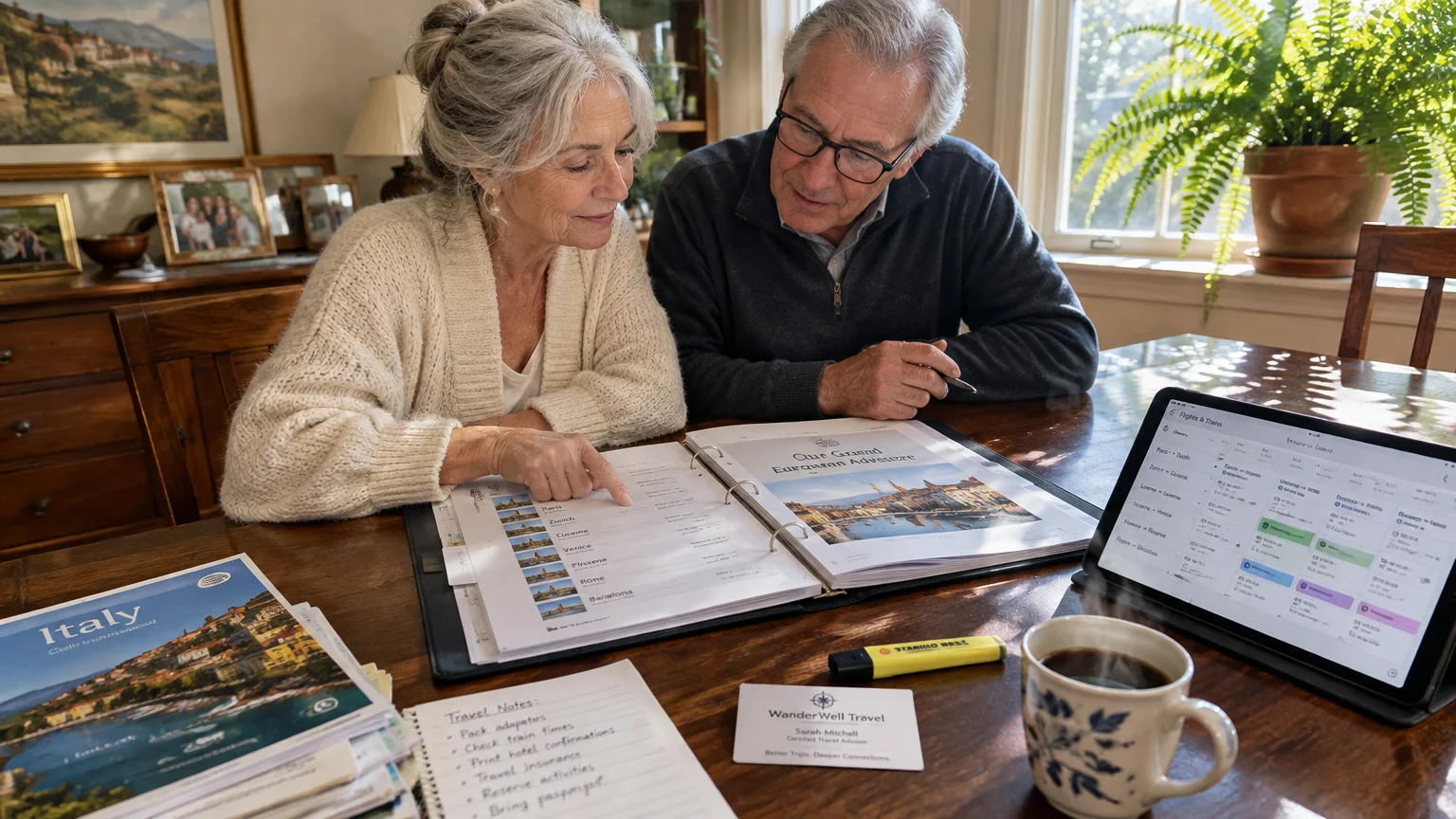 An older couple sits at a table reviewing an open travel itinerary binder, tablet, notes, and a travel agency card.
