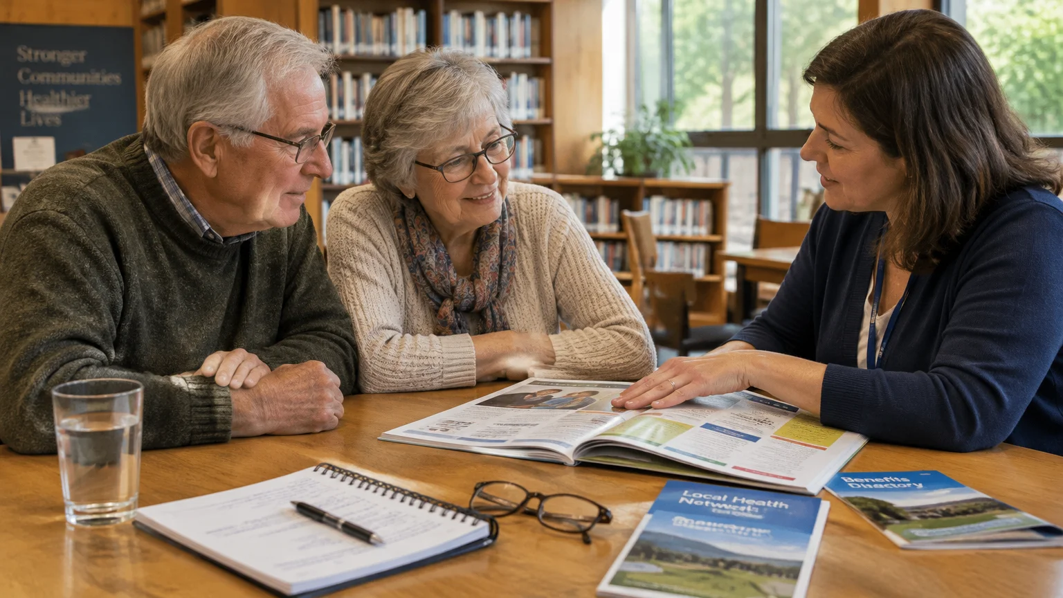 An older couple sitting at a wooden library table reviews brochures with a female advisor pointing at an open booklet.