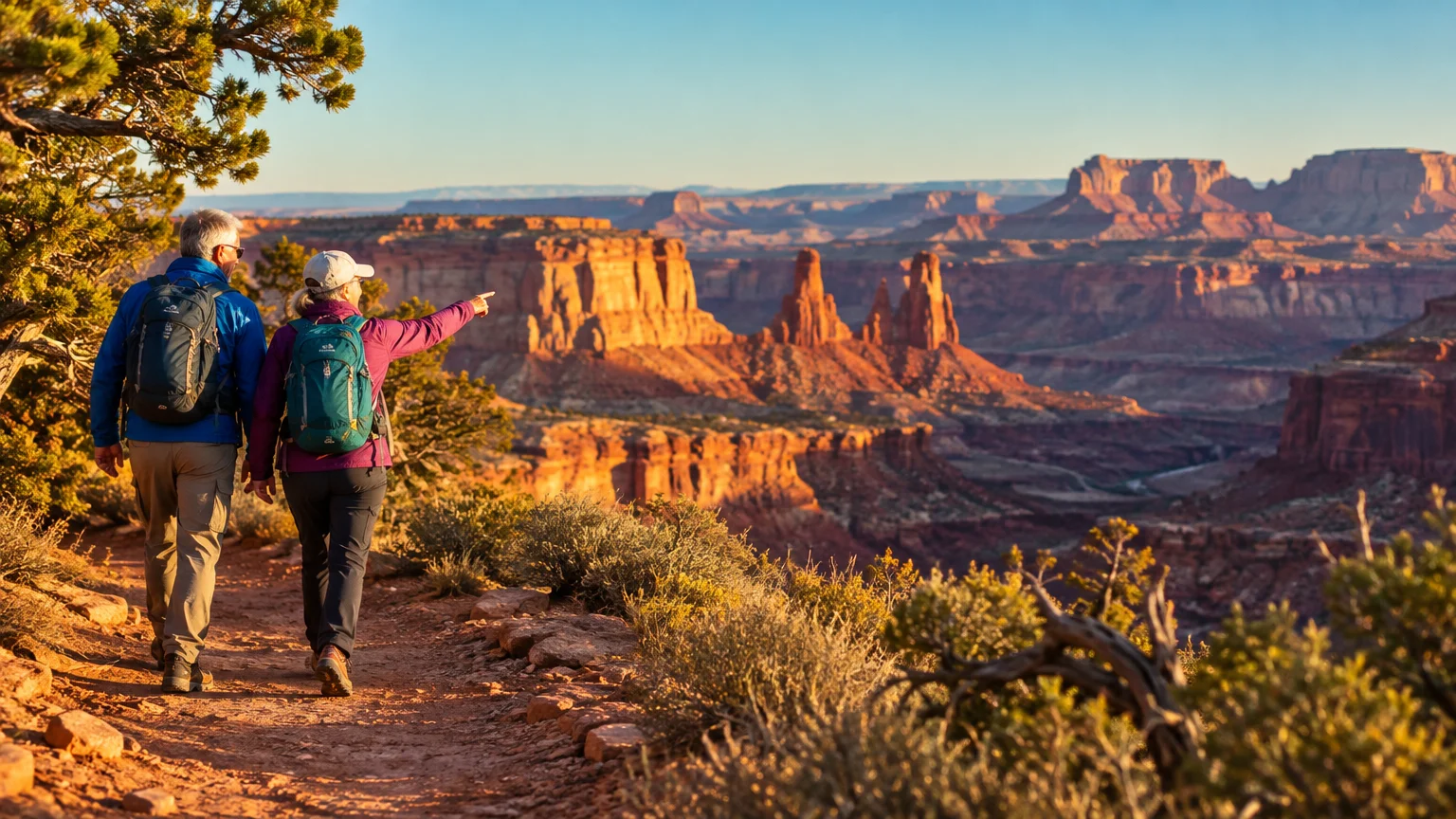 An older couple wearing backpacks hikes along a dirt trail overlooking vast red rock canyon formations.
