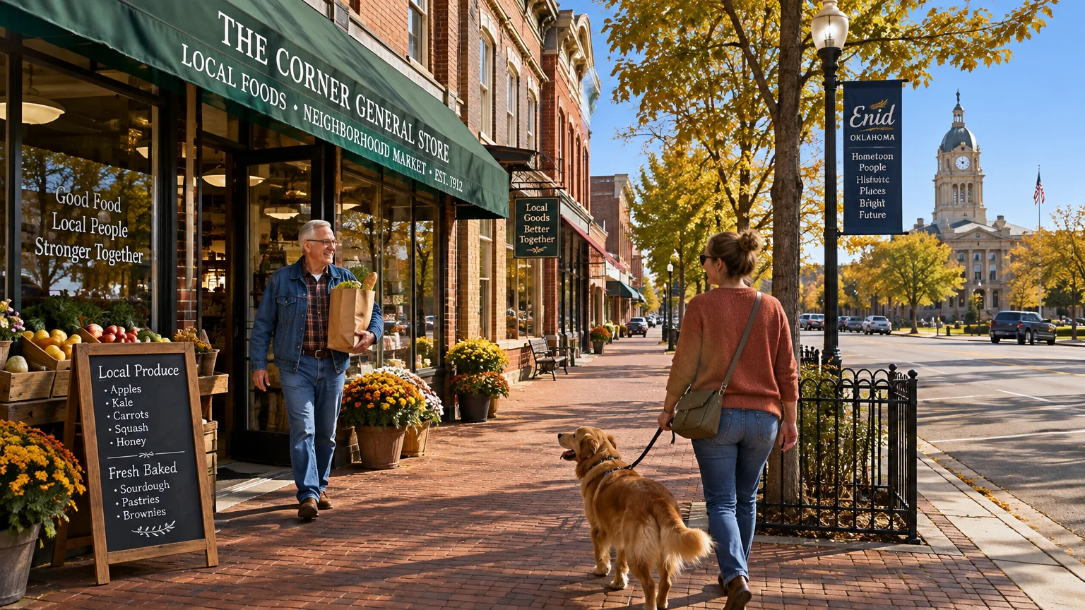People walk along a brick sidewalk outside a general store in Enid, Oklahoma, on a sunny autumn day.