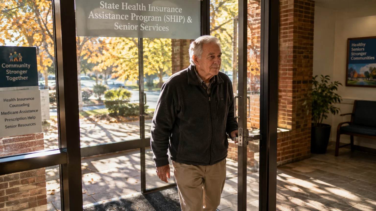 Senior man walking through the glass entrance door of a State Health Insurance Assistance Program office.