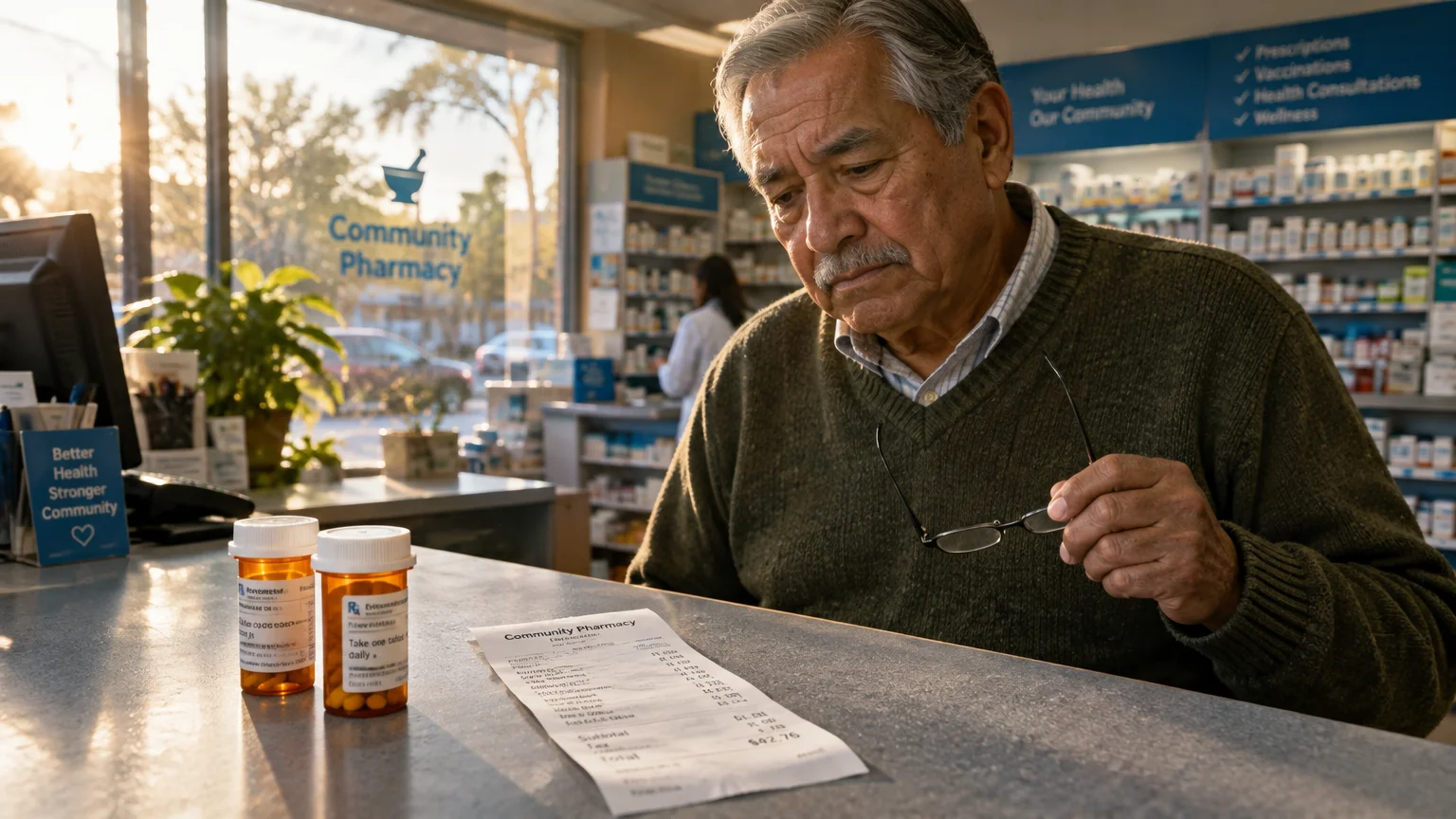 Senior man holding eyeglasses looks down at medicine bottles and a printed receipt on a pharmacy counter.