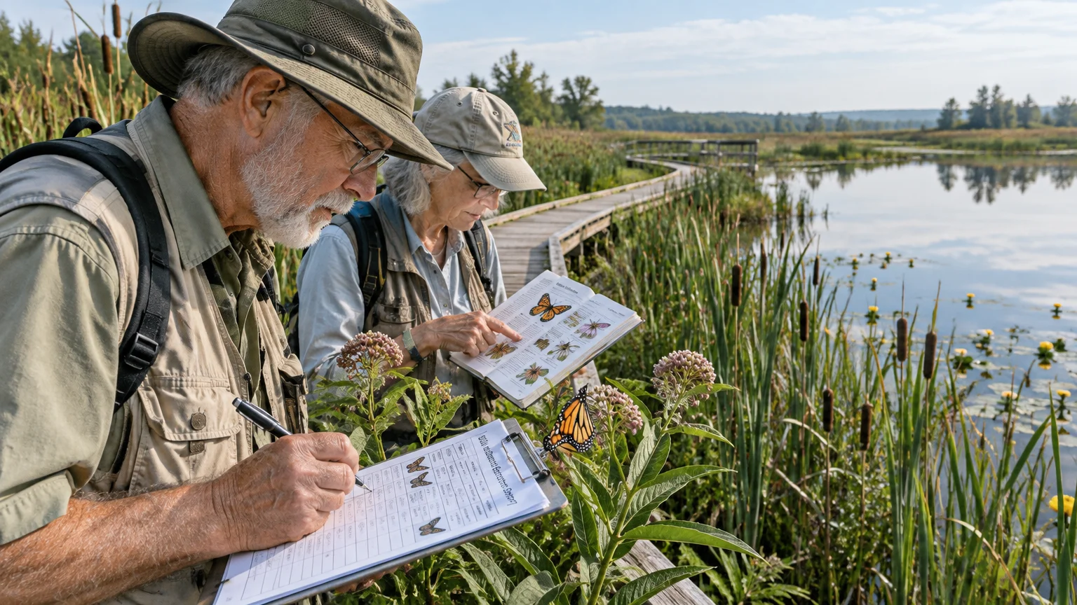 An older man and woman on a wetland boardwalk record observations of a monarch butterfly using a field guide and clipboard.