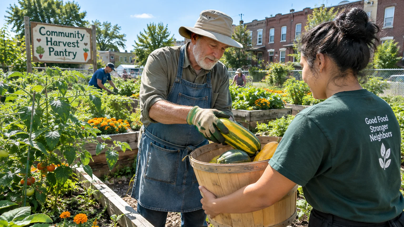 An older man in an apron places harvested squash into a basket held by a woman in a community garden.