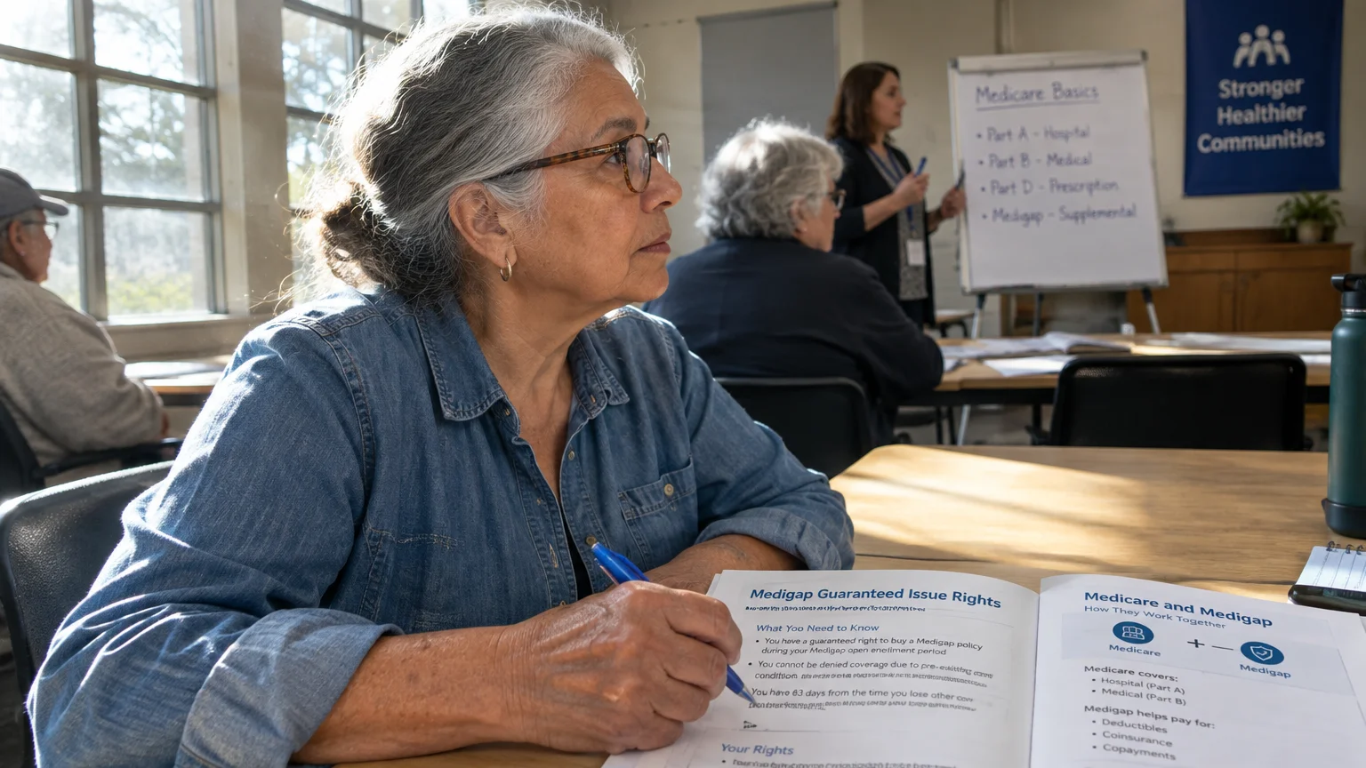 Woman in glasses listening during a Medicare workshop with an open booklet on Medigap guaranteed issue rights.