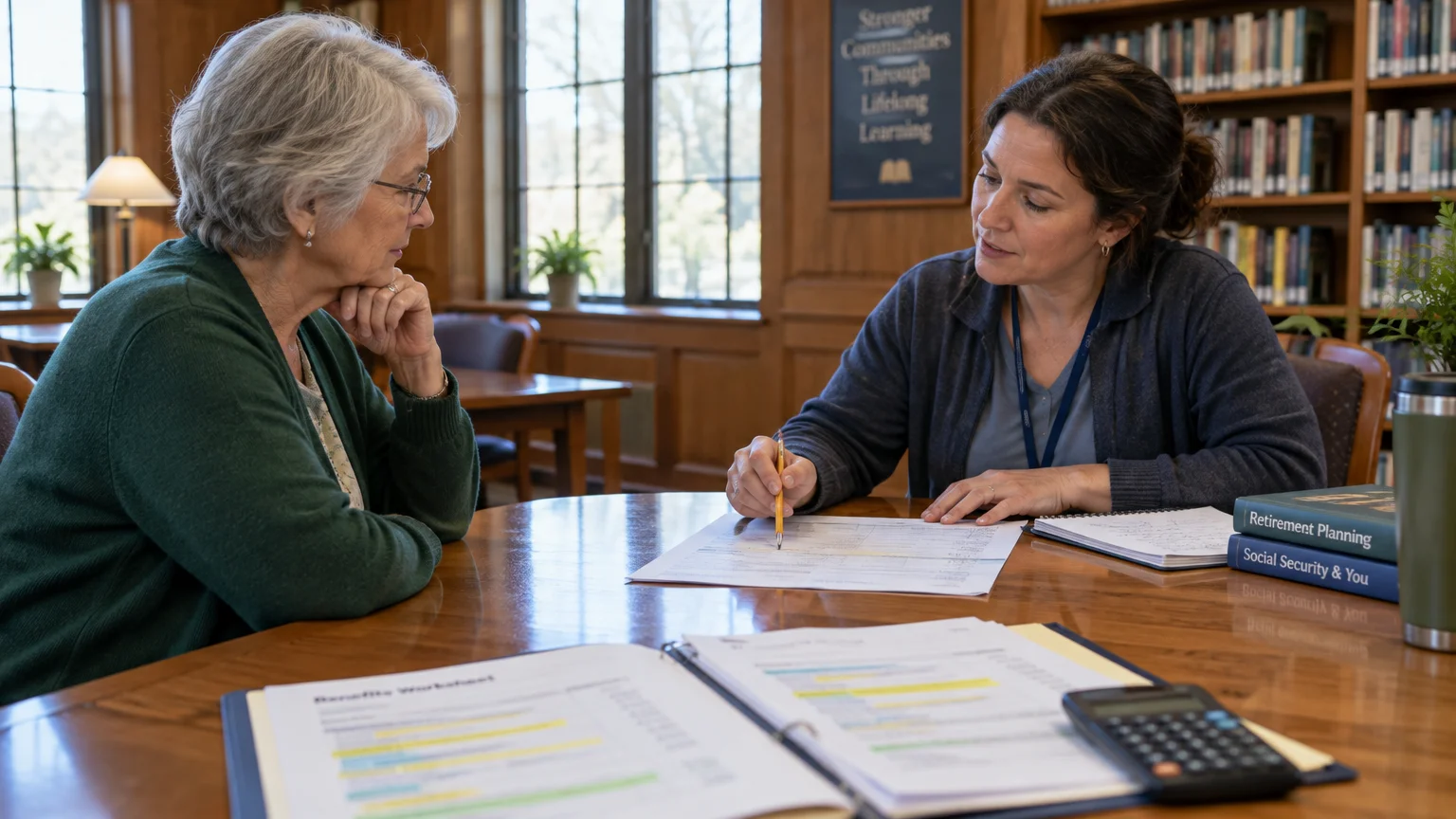 Two women sit at a wooden library table reviewing paperwork, with open folders, a calculator, and books nearby.