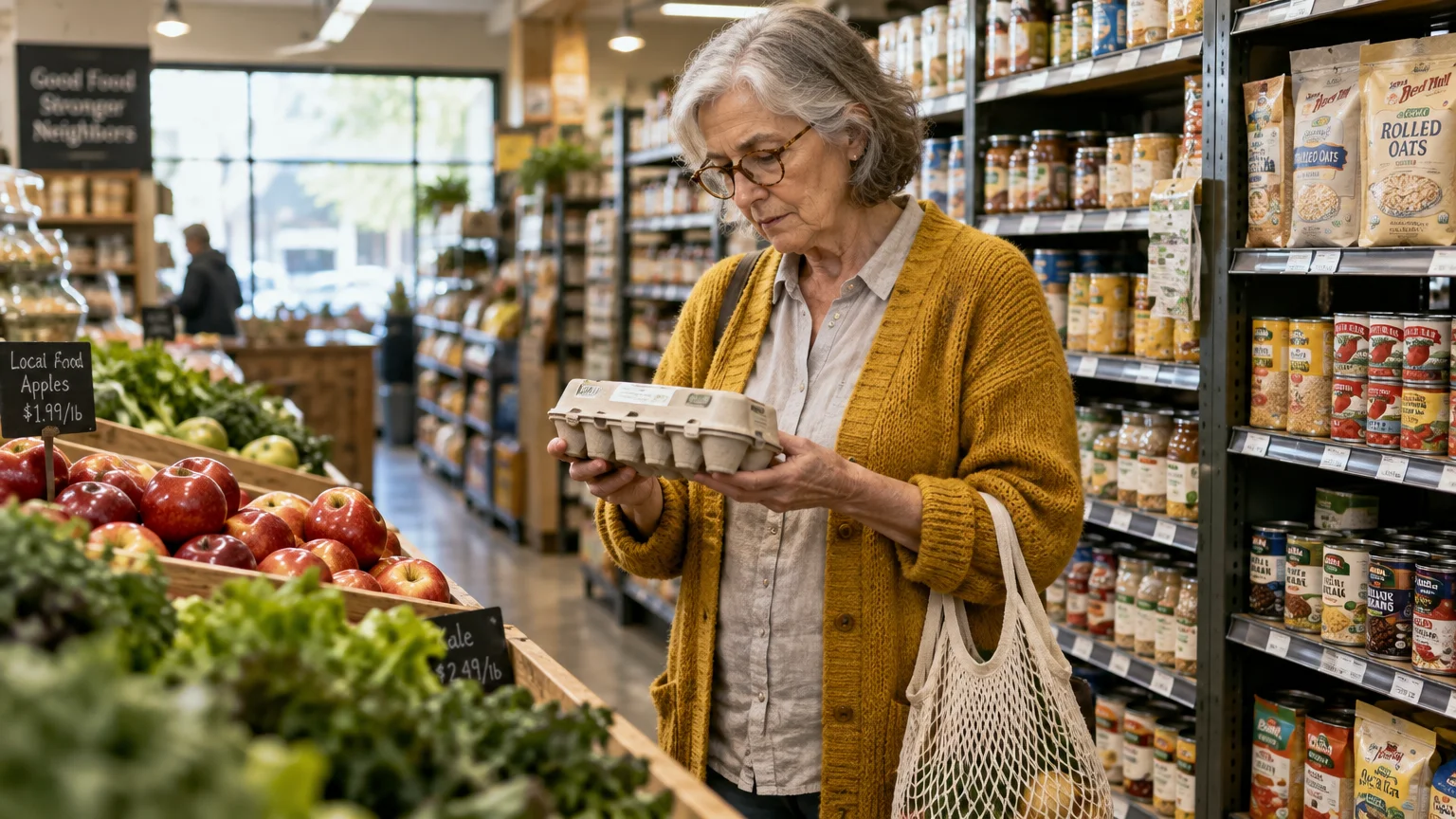 A woman wearing glasses and a yellow cardigan inspects an egg carton in a grocery store produce aisle.