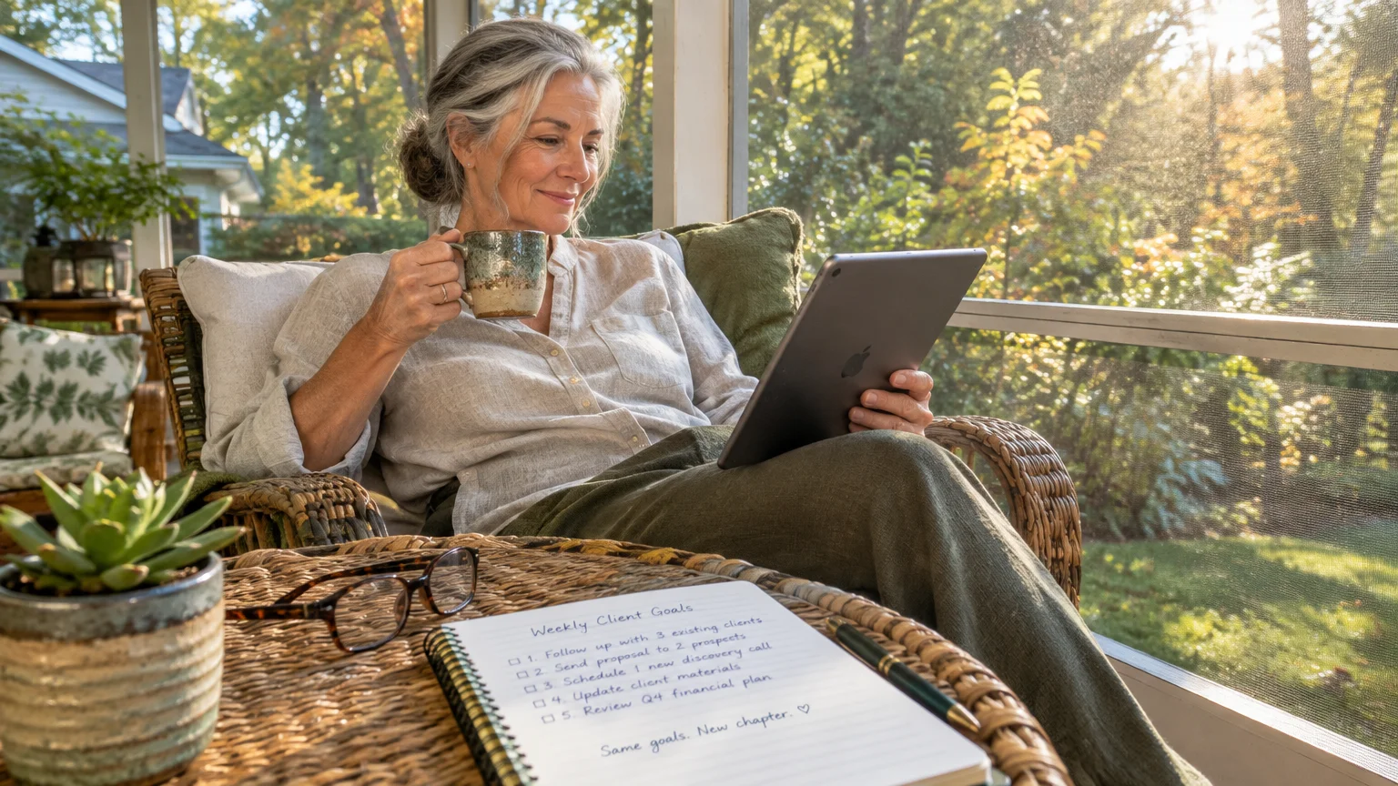 A mature woman sits in a sunlit wicker armchair holding a mug and tablet near a notebook listing weekly client goals.
