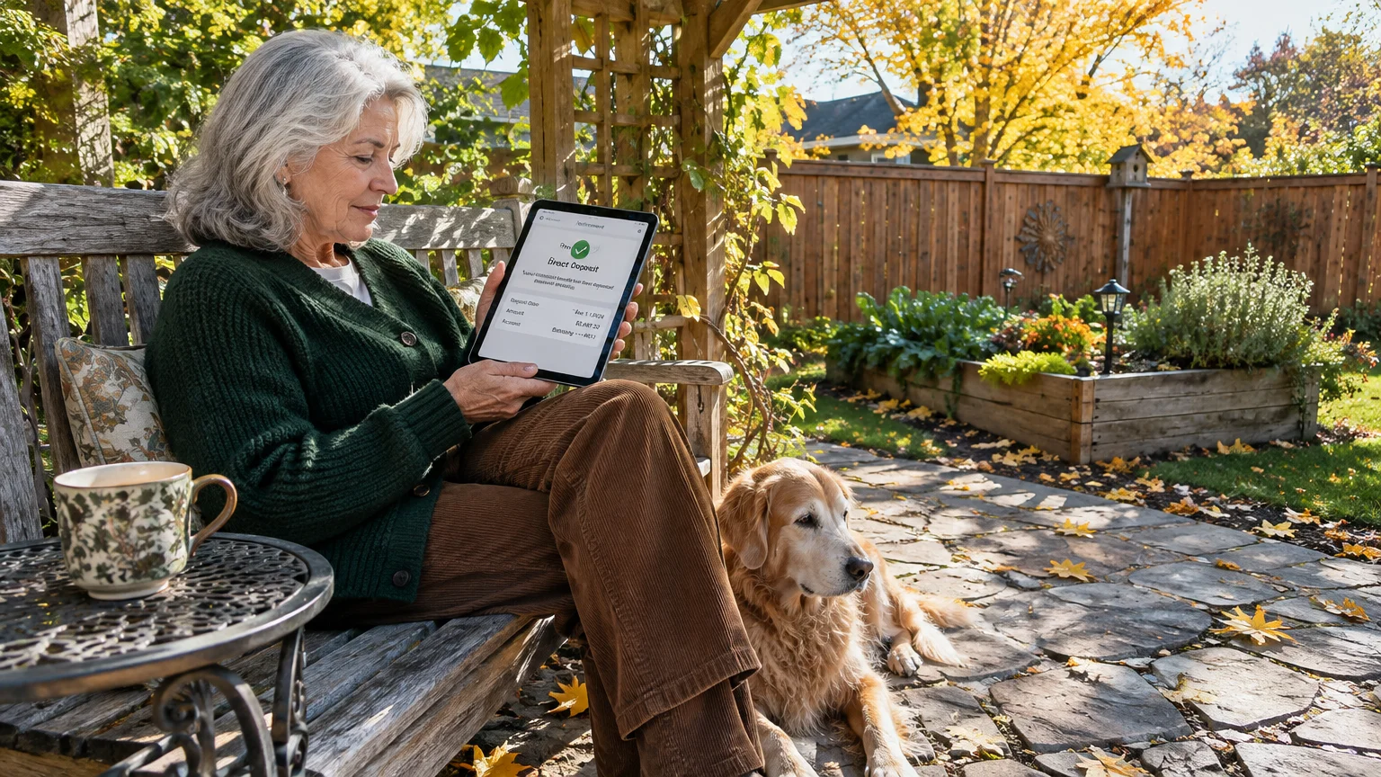 Senior woman sitting on a wooden garden bench with a golden retriever, holding a tablet displaying a direct deposit screen.