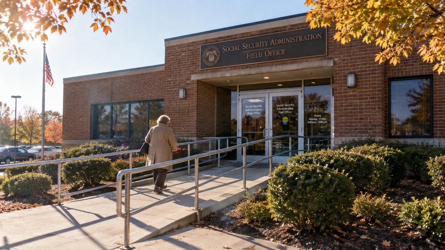 Woman walking up an entrance ramp toward a brick Social Security Administration Field Office building.