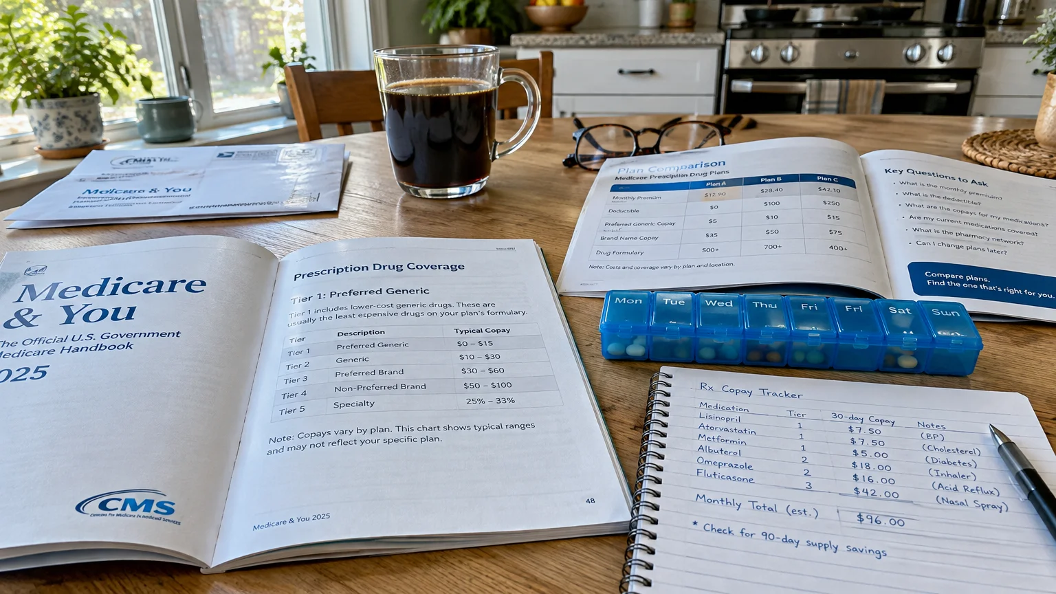 Medicare handbooks, a prescription copay notebook, pill organizer, eyeglasses, and coffee mug arranged on a wooden table.