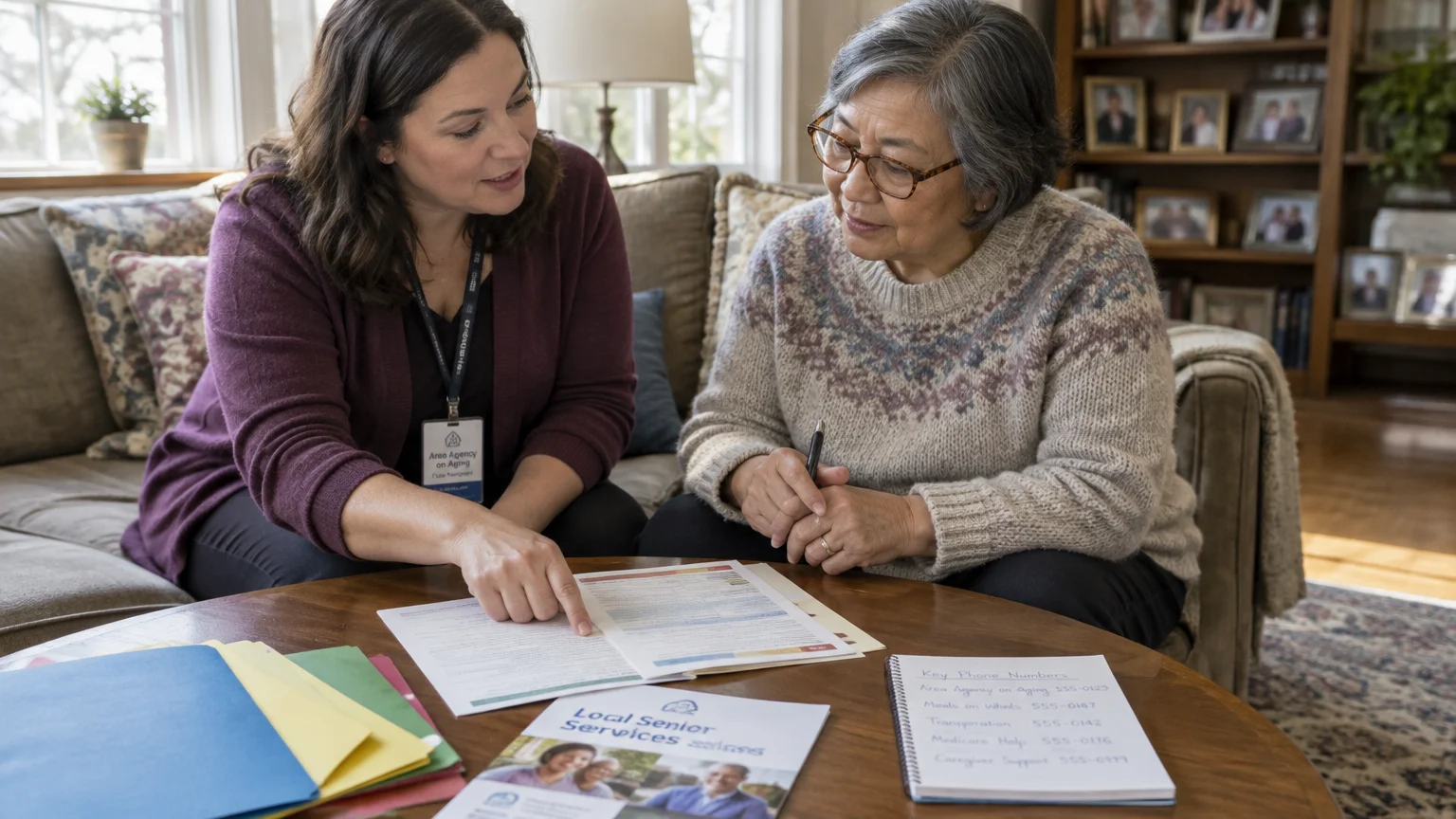 A caseworker points at paperwork on a coffee table while sitting beside an older woman holding a pen.