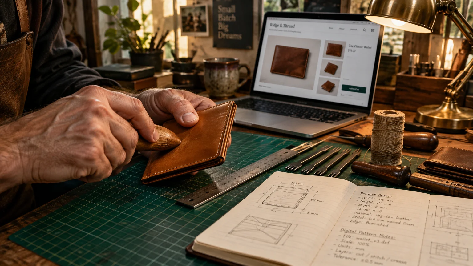 Hands burnishing a handmade leather wallet on a workbench beside design sketches, tools, and an online shop laptop display.