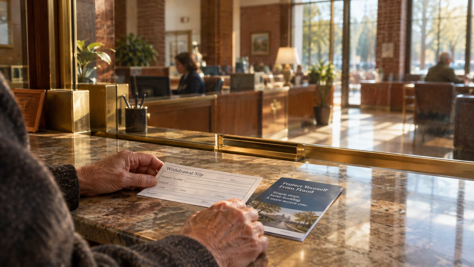 A person's hands holding a bank withdrawal slip next to a fraud prevention brochure on a marble teller counter.