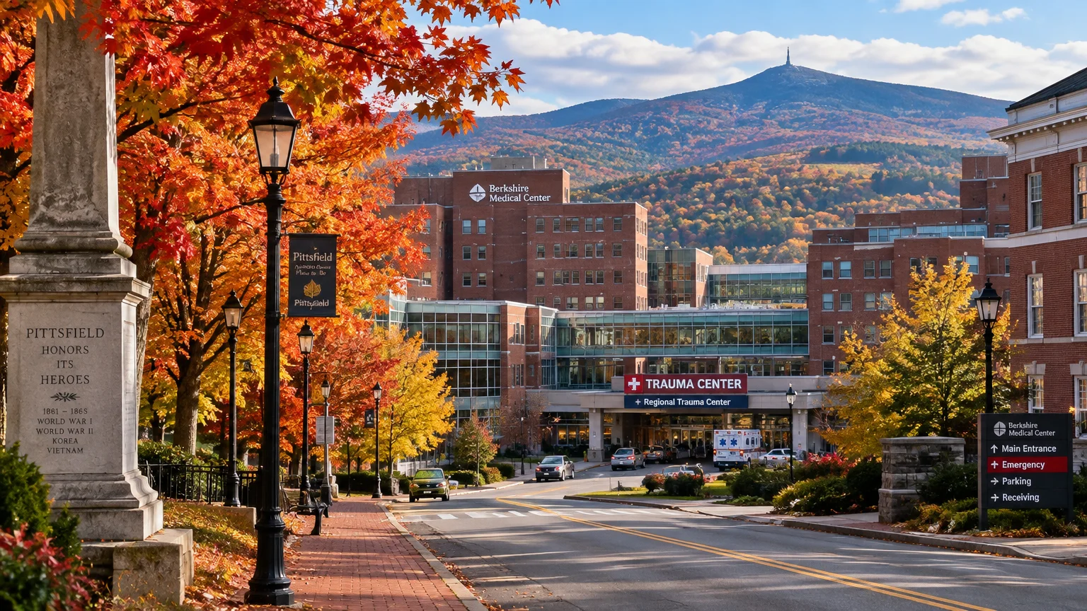 Berkshire Medical Center and Trauma Center entrance framed by autumn foliage and mountains in Pittsfield.