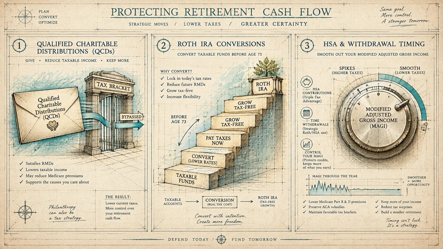 Architectural blueprint illustration detailing three retirement strategies: Qualified Charitable Distributions, Roth IRA conversions, and MA