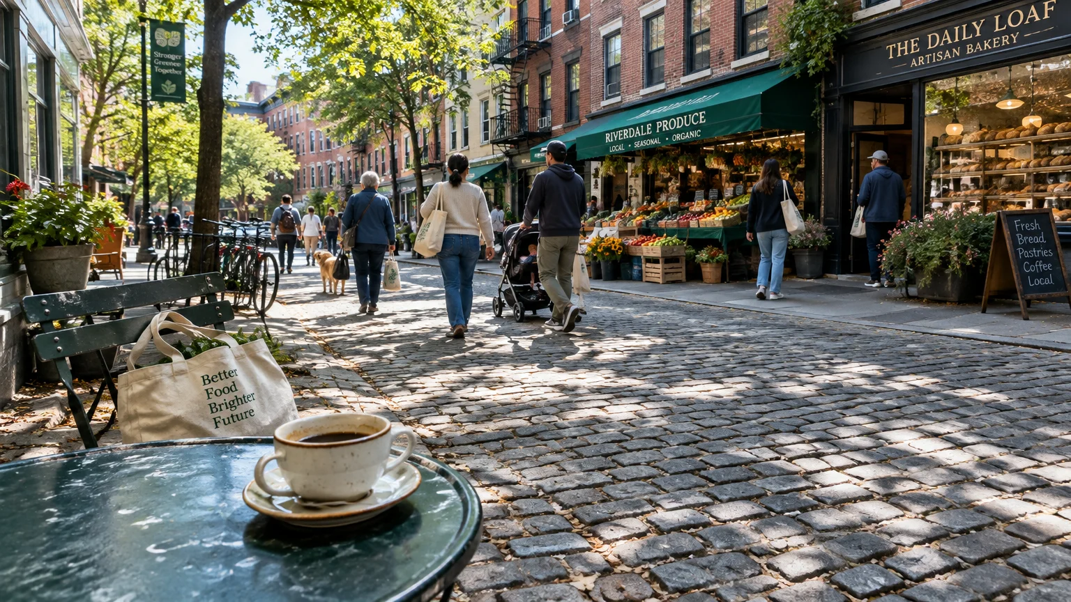 Coffee cup on a bistro table overlooking a sunlit cobblestone street lined with shops and pedestrians.