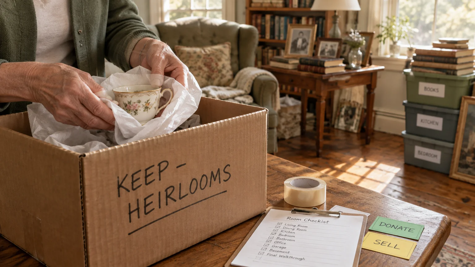 Hands wrapping a delicate teacup in tissue paper above a cardboard box labeled Keep - Heirlooms on a wooden table.