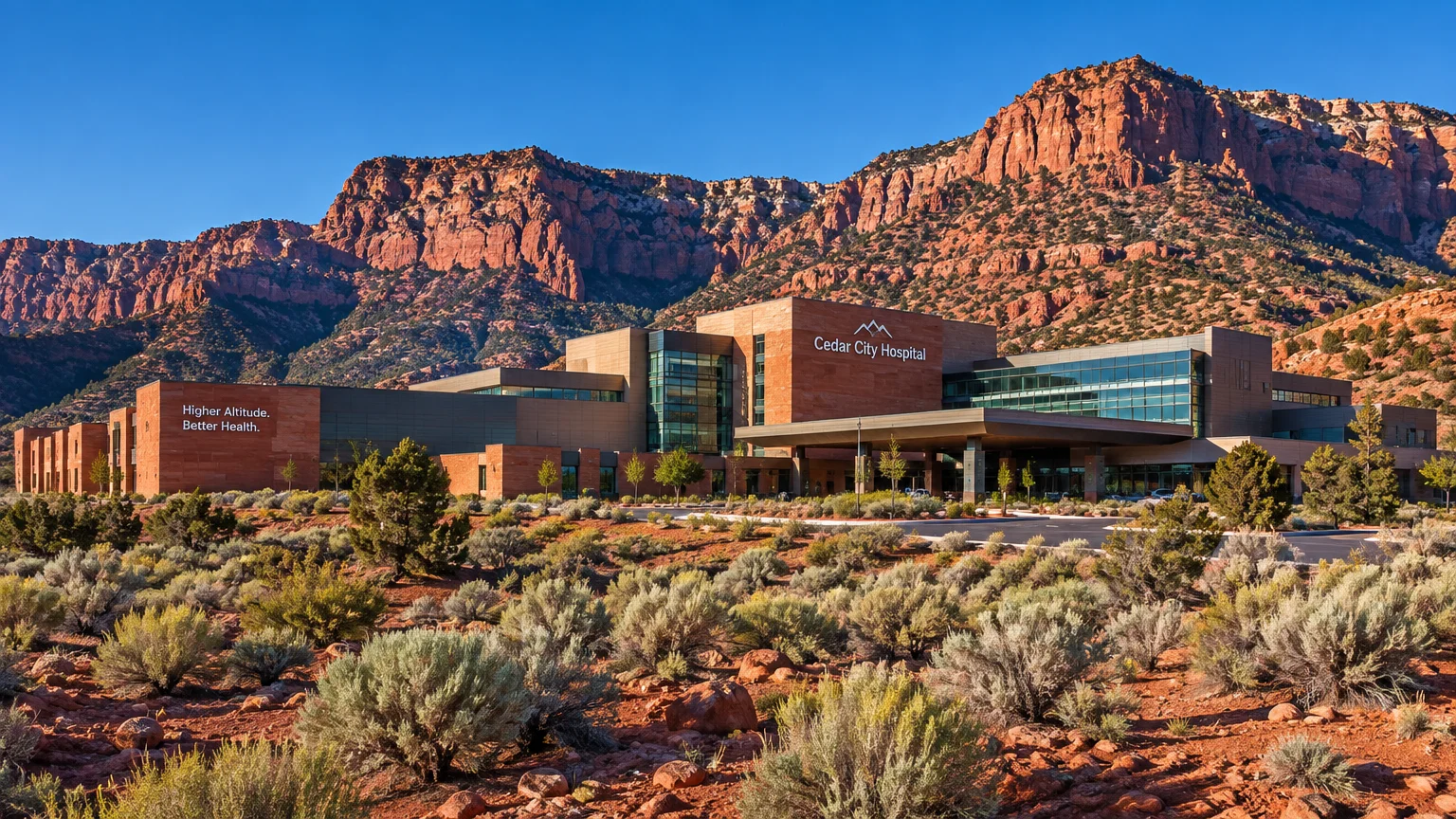 Modern Cedar City Hospital building set against towering red rock cliffs and desert shrubland under a blue sky.