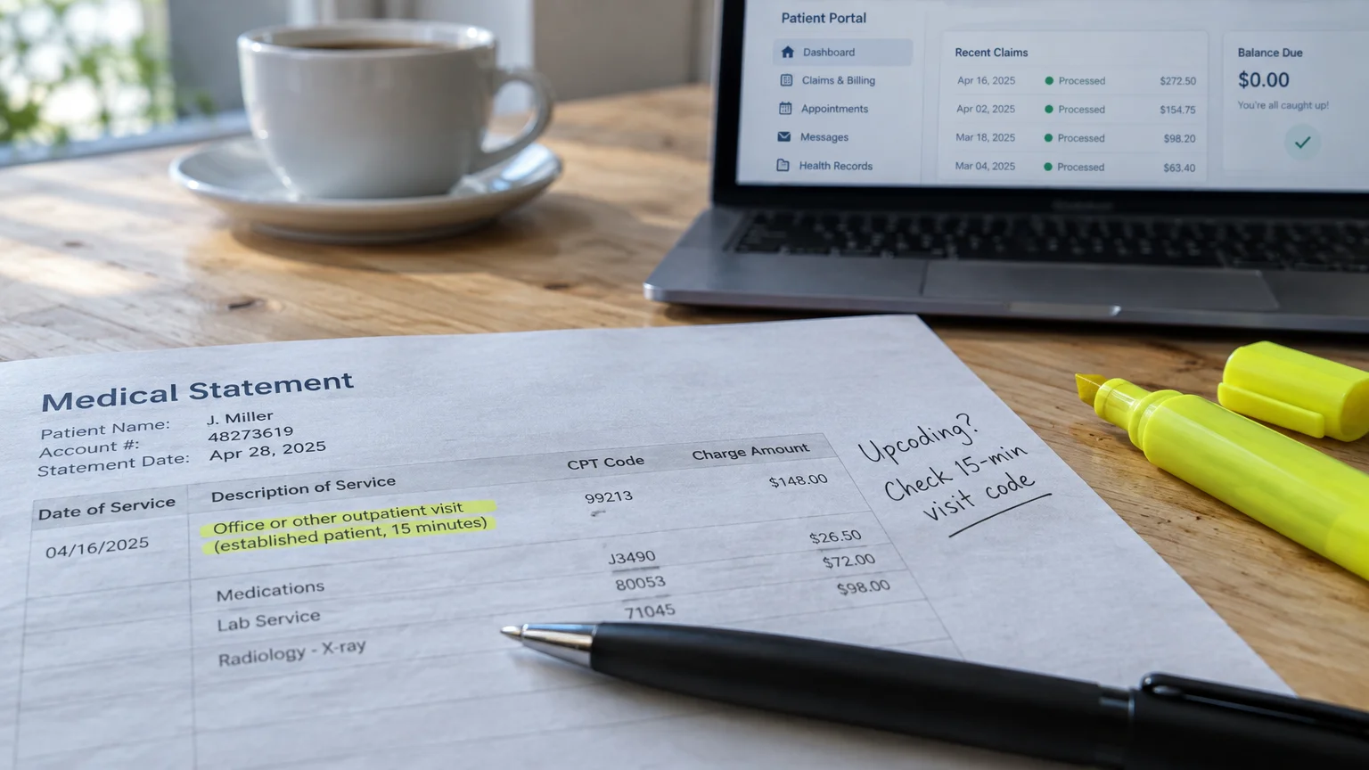 Medical statement on a wooden desk with a highlighted 15-minute visit line, pen, yellow marker, laptop, and coffee cup.