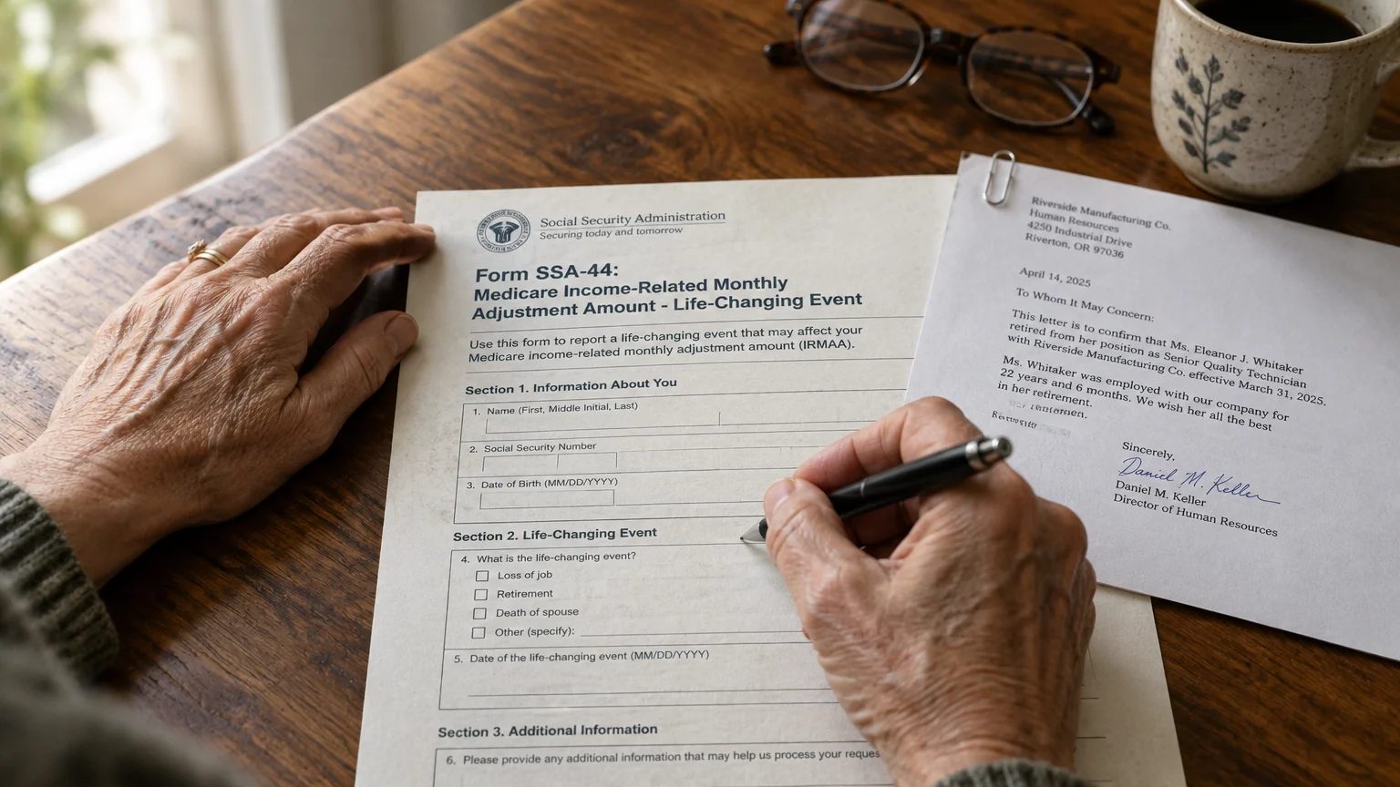 A person fills out Social Security Form SSA-44 on a wooden desk next to a retirement letter and a mug.