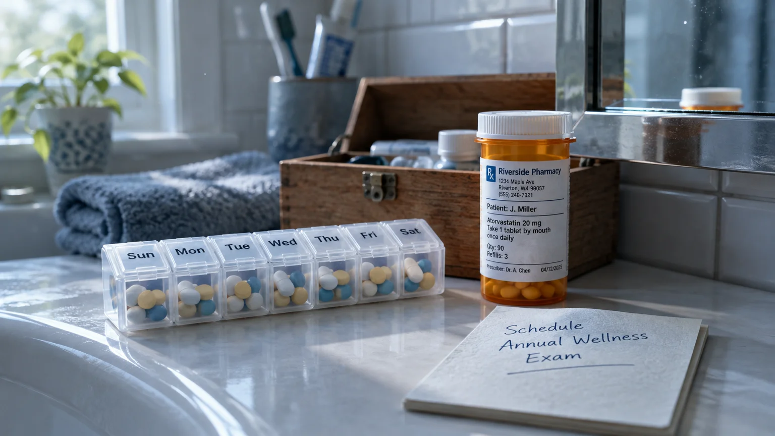 Pill organizer, prescription bottle, and a note reading Schedule Annual Wellness Exam on a bathroom counter.
