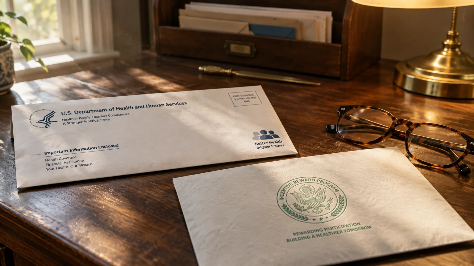 Envelopes from the Department of Health and Human Services and Incentive Reward Program beside eyeglasses on a wooden desk.