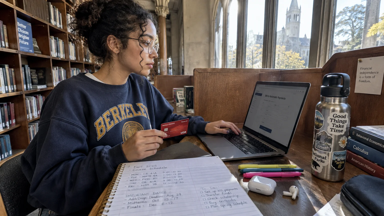 A student seated at a library desk holds a credit card while typing on a laptop beside an open course notebook.