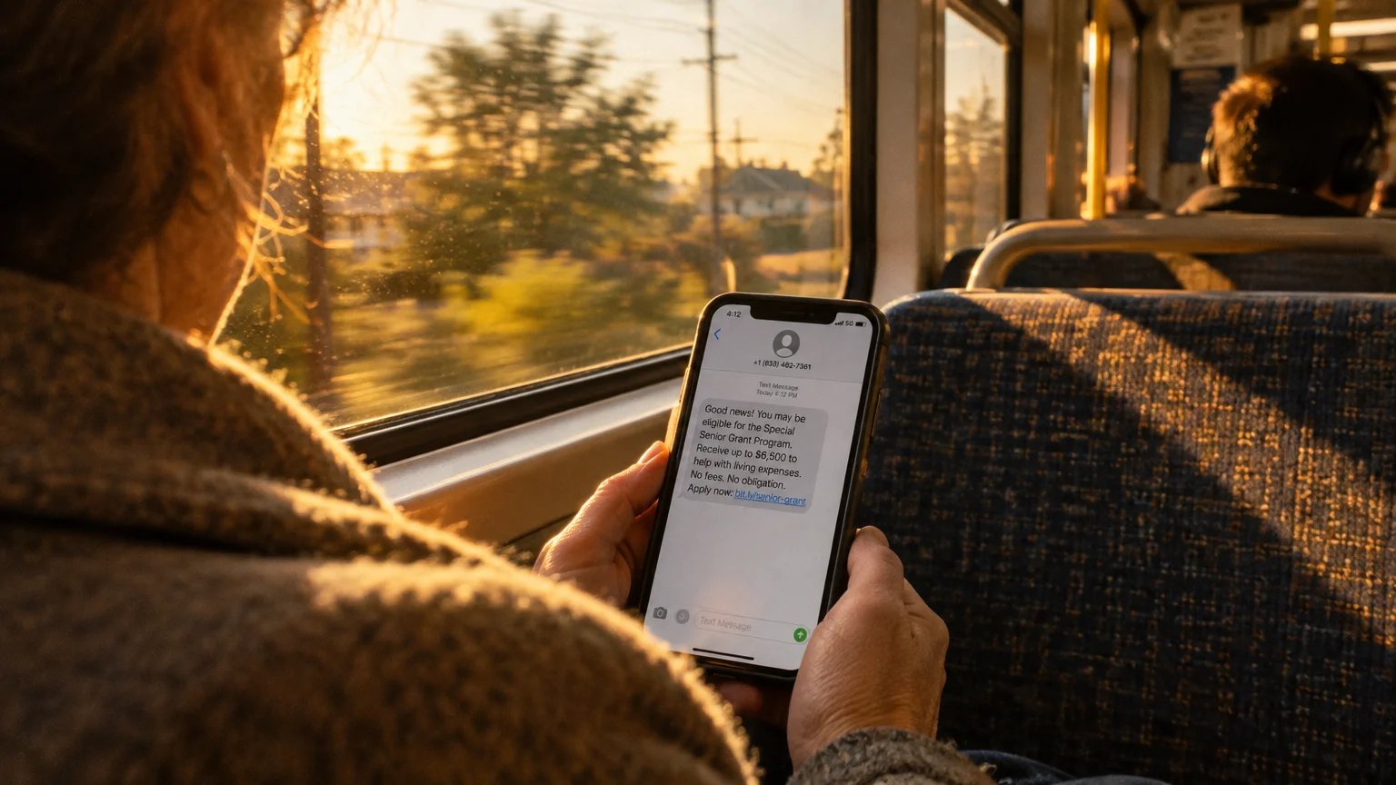 Person on a train holding a smartphone displaying a text message offering a fraudulent senior grant program.