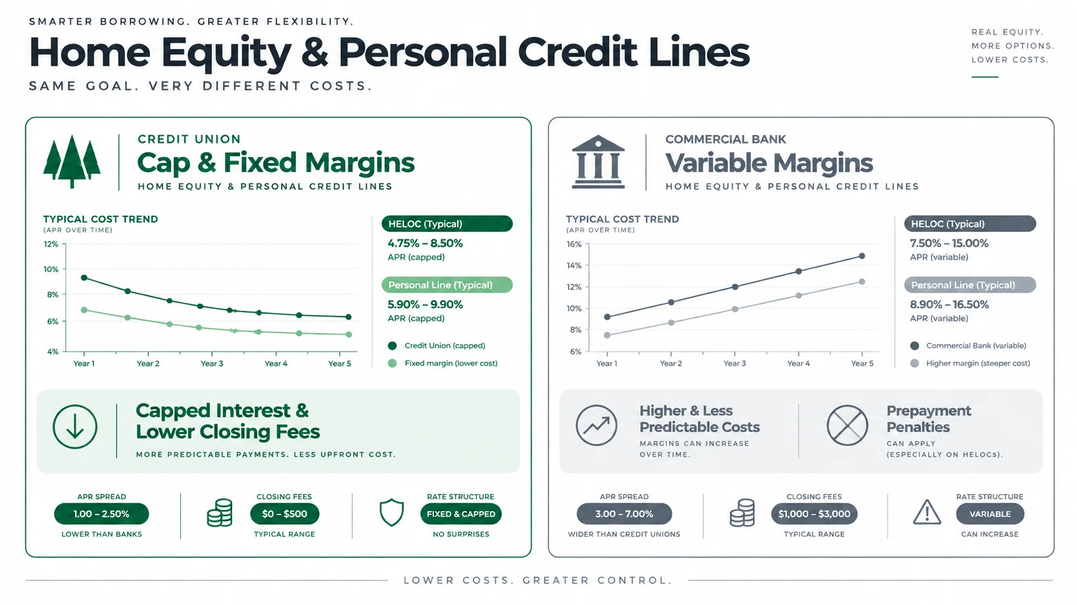 Infographic comparing credit union and commercial bank borrowing costs, showing interest rate trends, spreads, and fees.