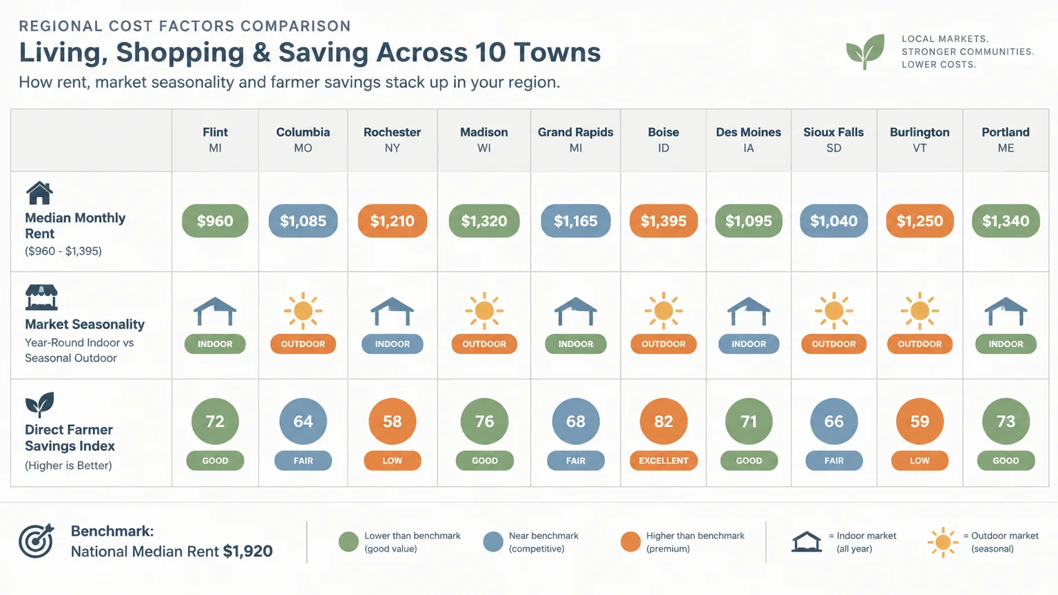 Comparison chart of ten towns showing median monthly rent, market seasonality, and a direct farmer savings index.