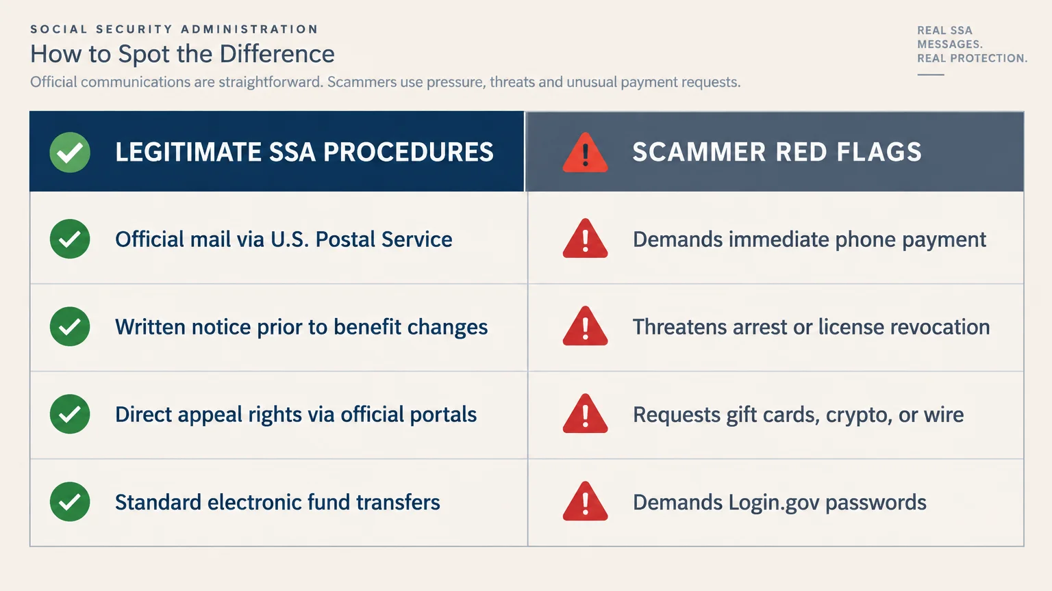 Side-by-side comparison chart contrasting legitimate Social Security Administration procedures with scammer red flags.